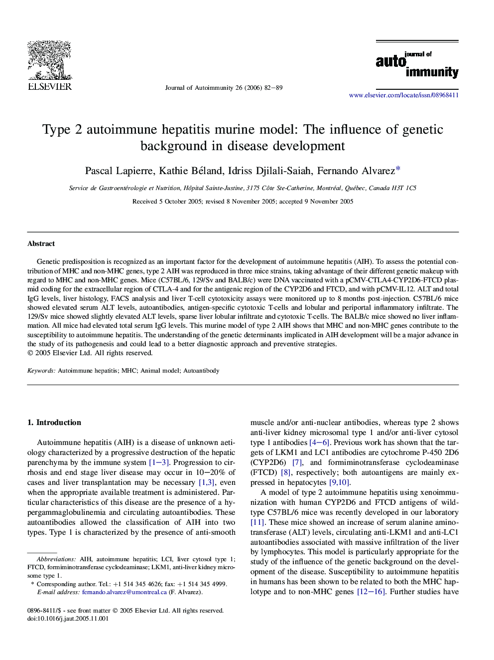 Type 2 autoimmune hepatitis murine model: The influence of genetic background in disease development