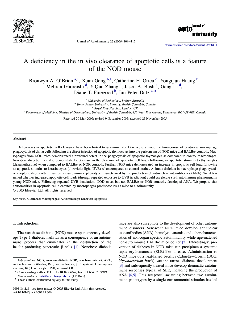 A deficiency in the in vivo clearance of apoptotic cells is a feature of the NOD mouse