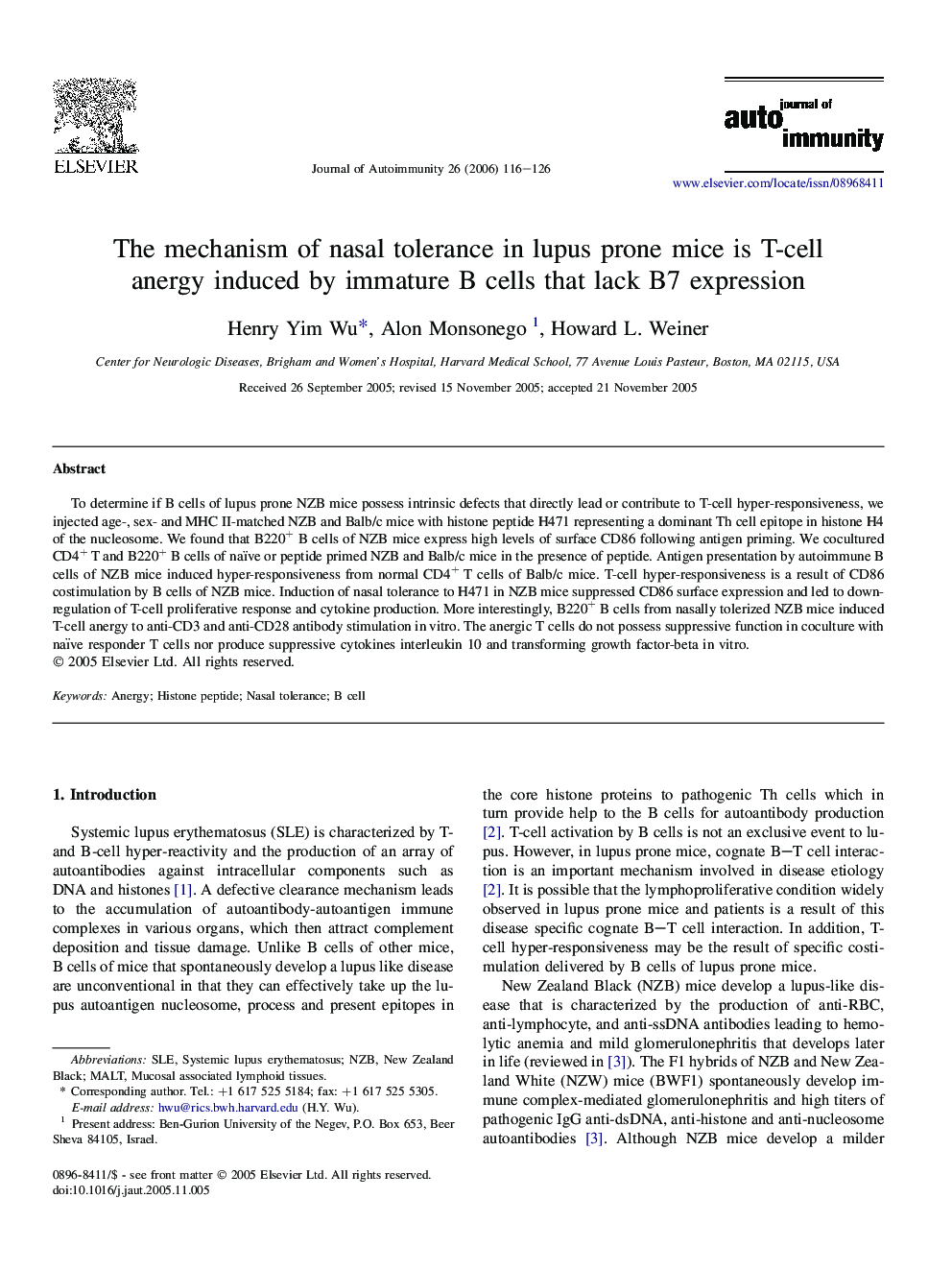 The mechanism of nasal tolerance in lupus prone mice is T-cell anergy induced by immature B cells that lack B7 expression