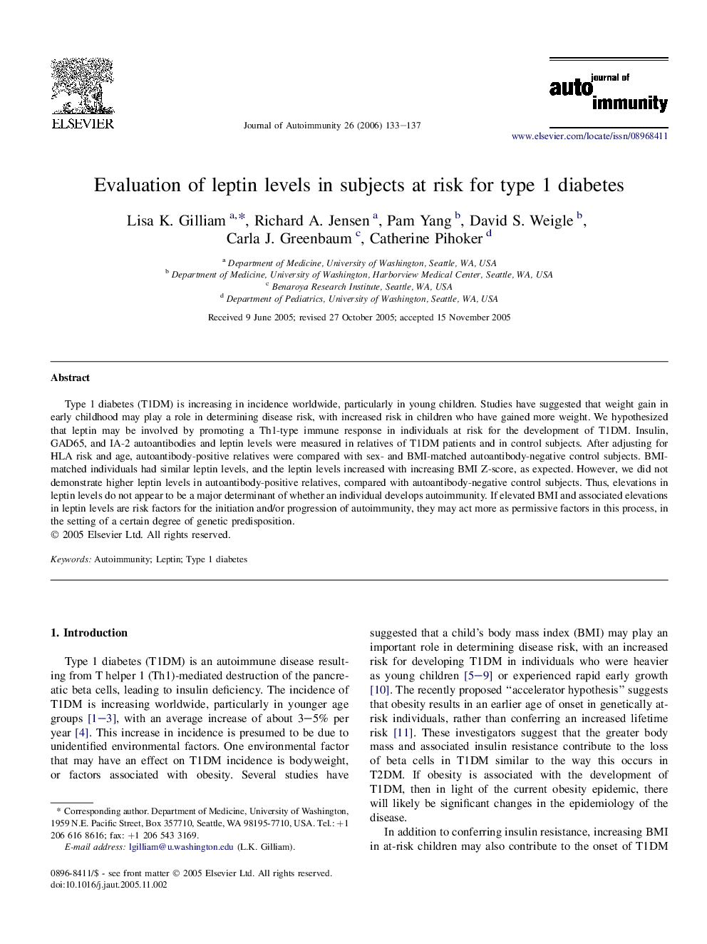 Evaluation of leptin levels in subjects at risk for type 1 diabetes