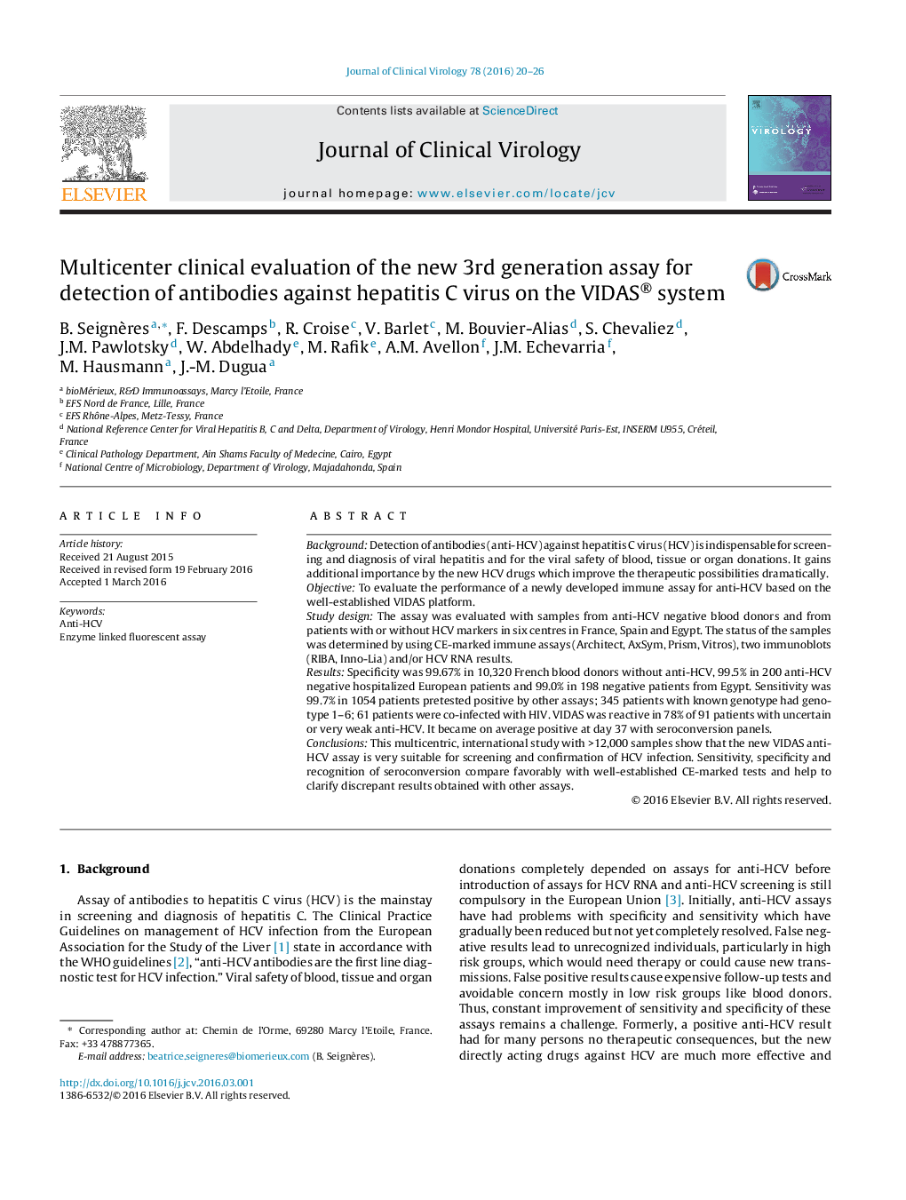 Multicenter clinical evaluation of the new 3rd generation assay for detection of antibodies against hepatitis C virus on the VIDAS® system
