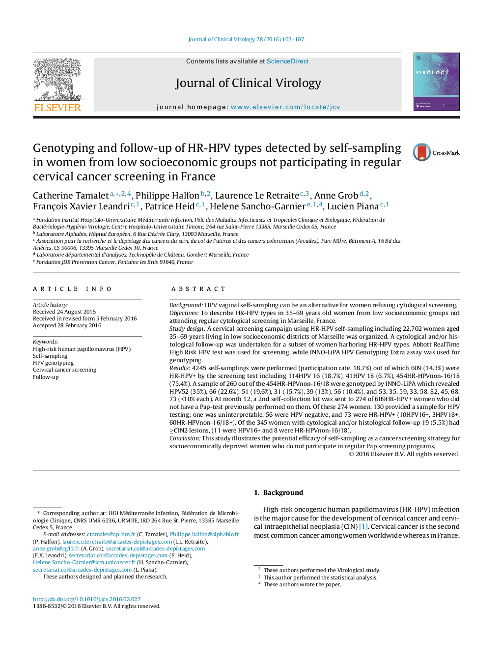 Genotyping and follow-up of HR-HPV types detected by self-sampling in women from low socioeconomic groups not participating in regular cervical cancer screening in France