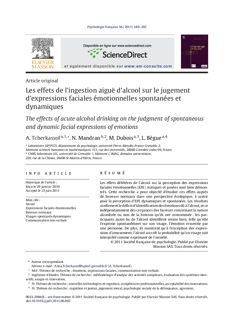 Les effets de l’ingestion aiguë d’alcool sur le jugement d’expressions faciales émotionnelles spontanées et dynamiques