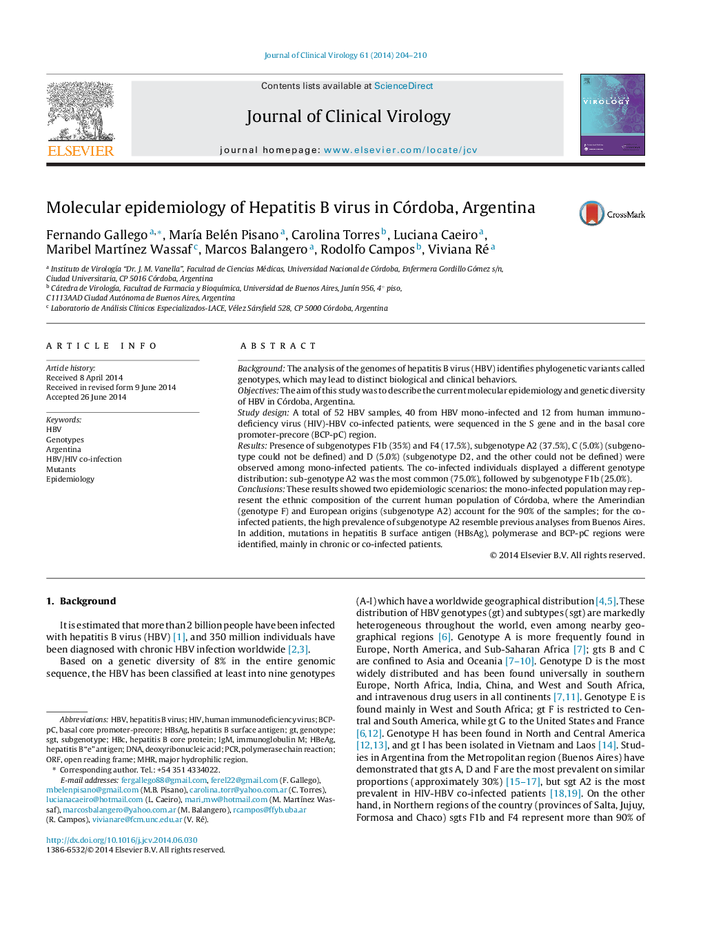 Molecular epidemiology of Hepatitis B virus in Córdoba, Argentina