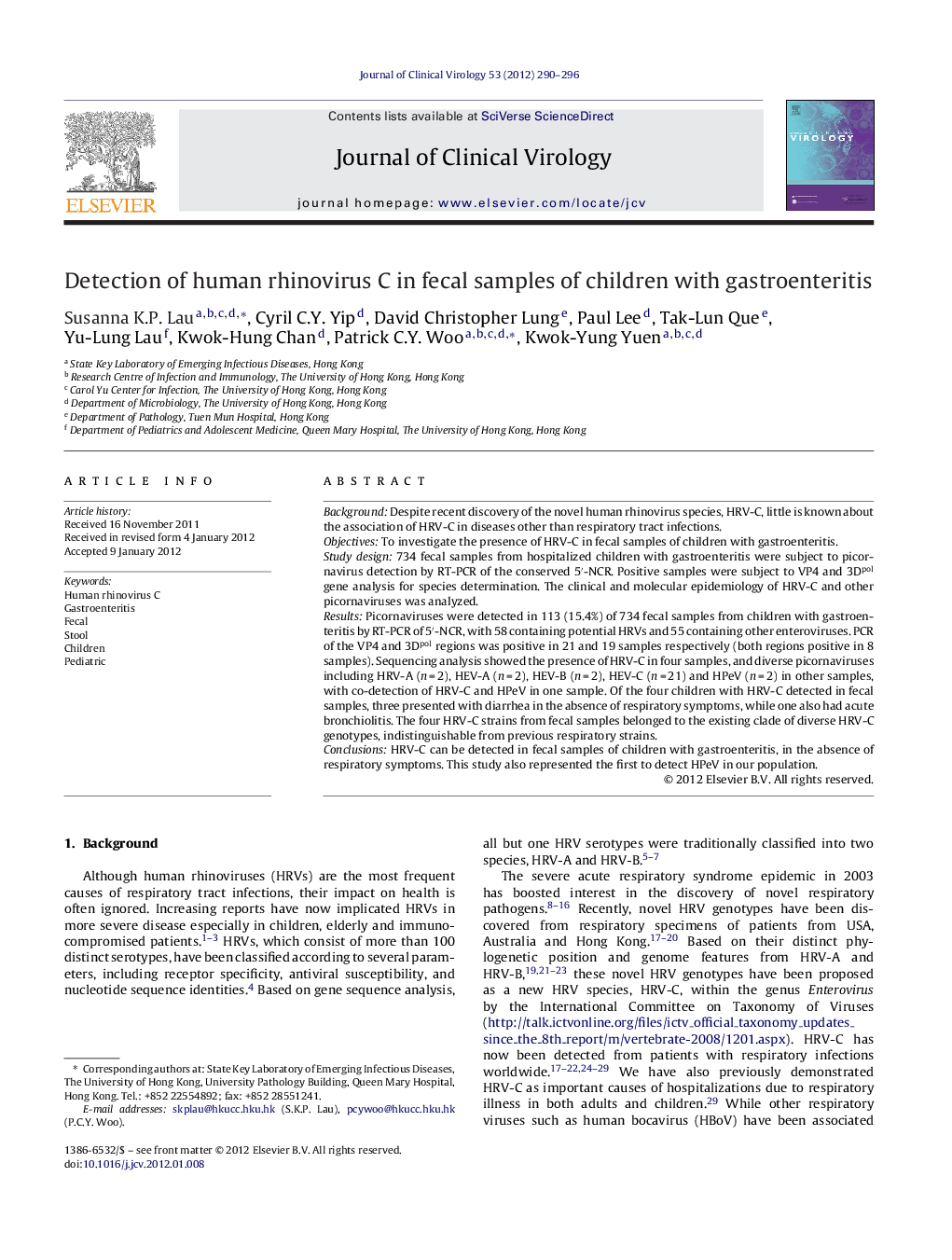 Detection of human rhinovirus C in fecal samples of children with gastroenteritis