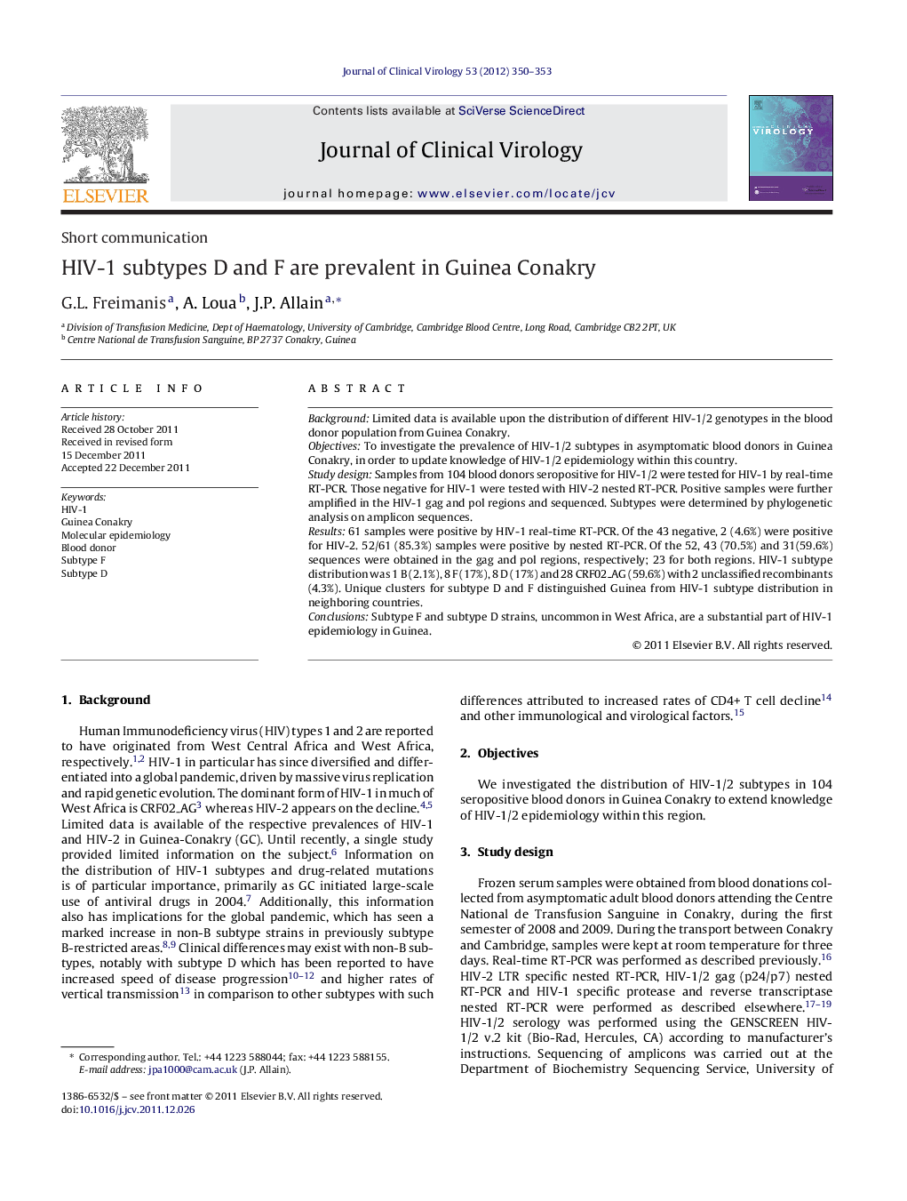 HIV-1 subtypes D and F are prevalent in Guinea Conakry