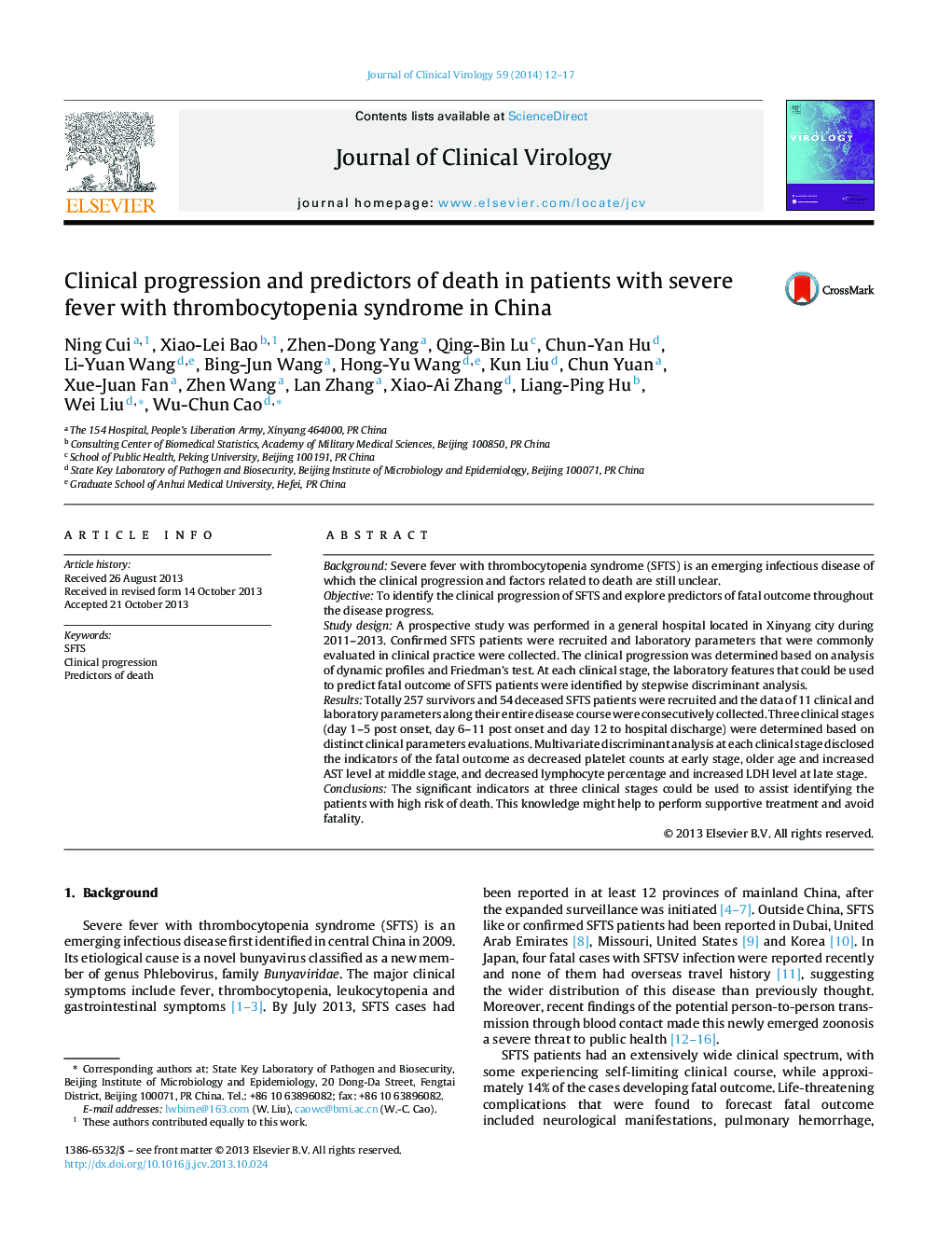 Clinical progression and predictors of death in patients with severe fever with thrombocytopenia syndrome in China