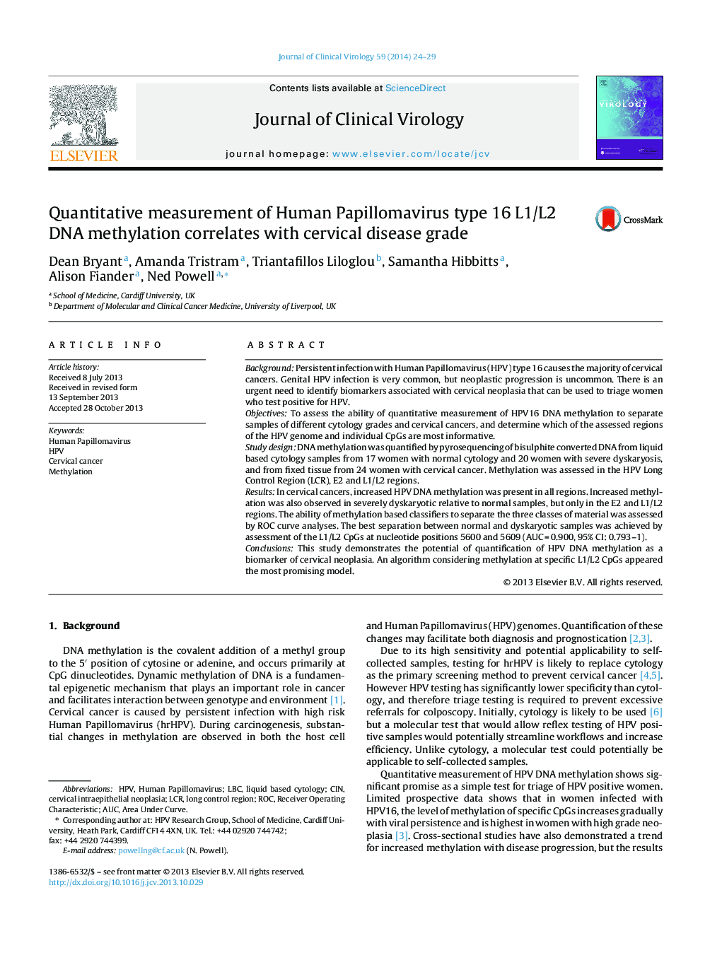 Quantitative measurement of Human Papillomavirus type 16 L1/L2 DNA methylation correlates with cervical disease grade