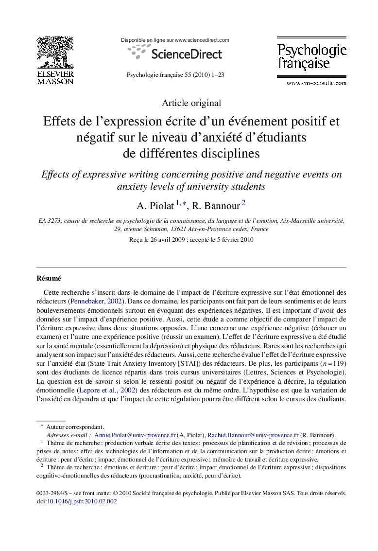 Effets de l’expression écrite d’un événement positif et négatif sur le niveau d’anxiété d’étudiants de différentes disciplines