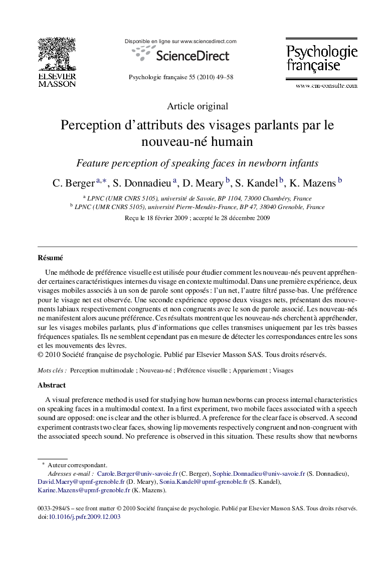 Perception d’attributs des visages parlants par le nouveau-né humain