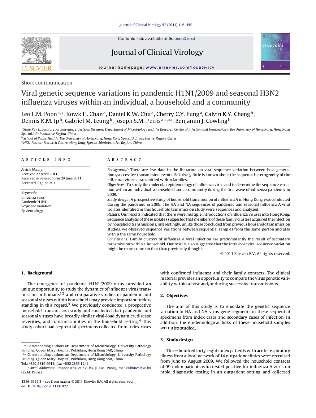 عکس صفحه اول مقاله: Viral genetic sequence variations in pandemic H1N1/2009 and seasonal H3N2 influenza viruses within an individual, a household and a community Viral genetic sequence variations in pandemic H1N1/2009 and seasonal H3N2 influenza viruses within an individual, a household and a community