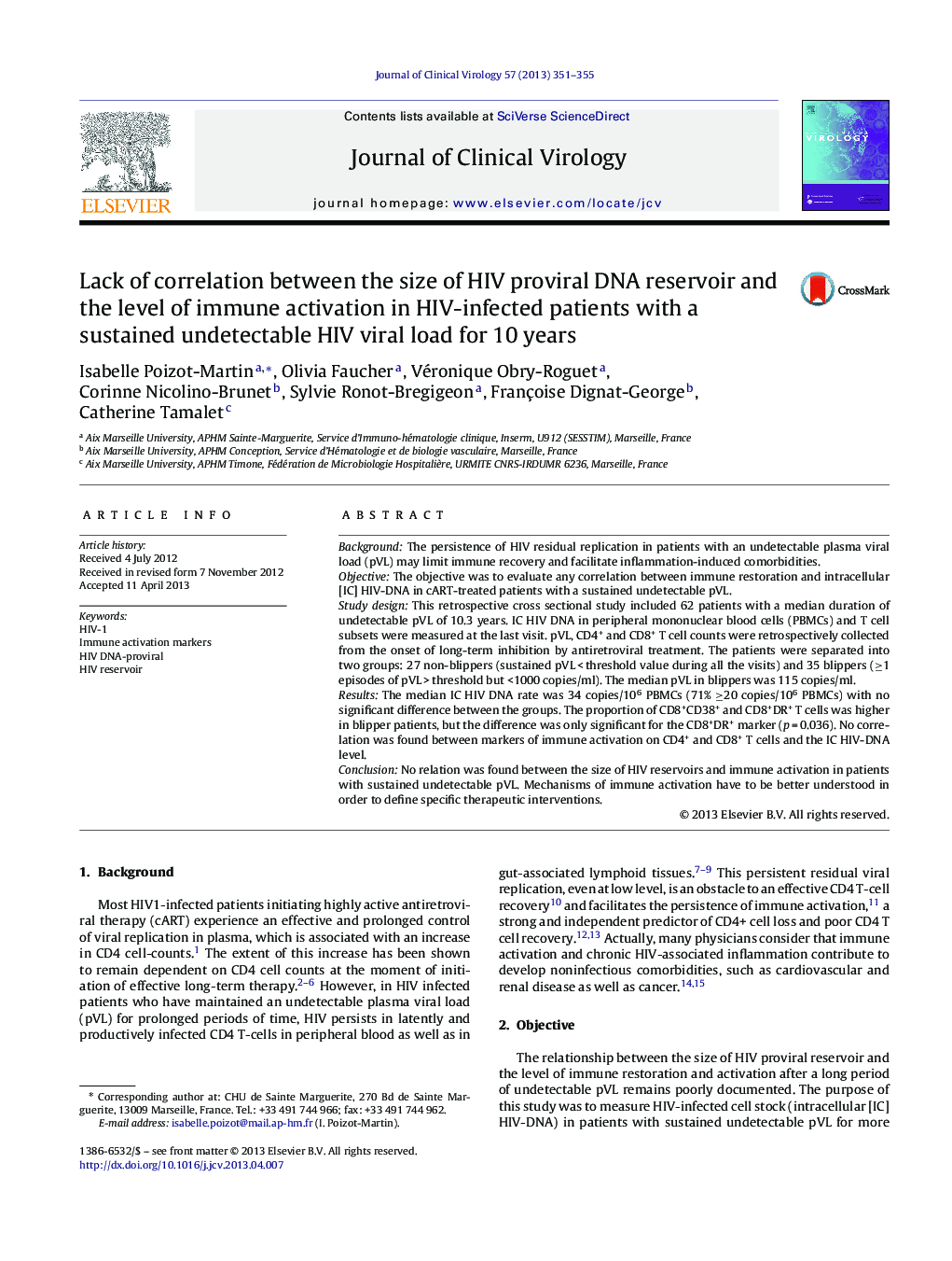 Lack of correlation between the size of HIV proviral DNA reservoir and the level of immune activation in HIV-infected patients with a sustained undetectable HIV viral load for 10 years