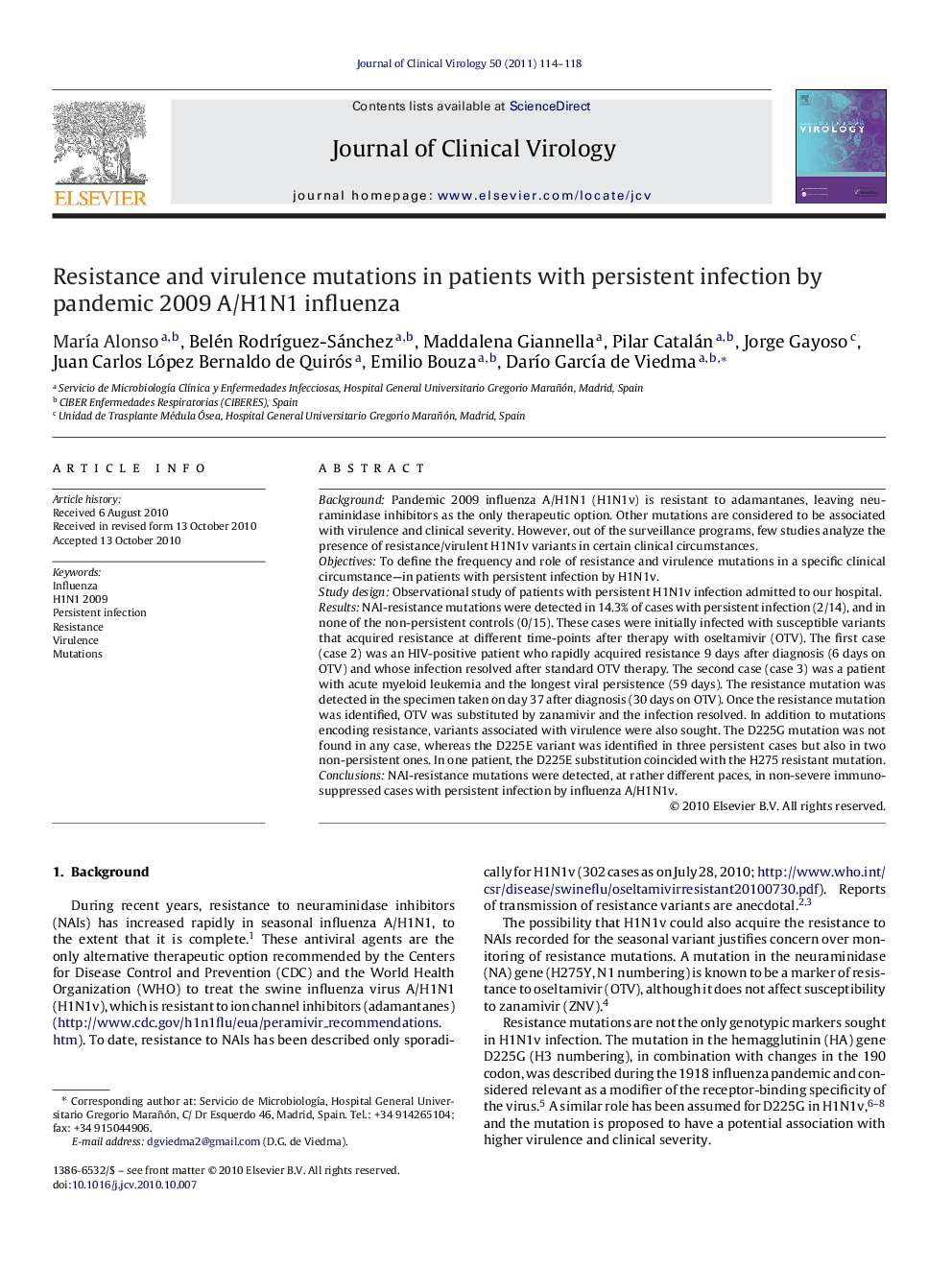 Resistance and virulence mutations in patients with persistent infection by pandemic 2009 A/H1N1 influenza