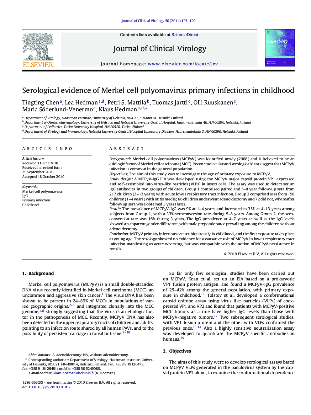 Serological evidence of Merkel cell polyomavirus primary infections in childhood