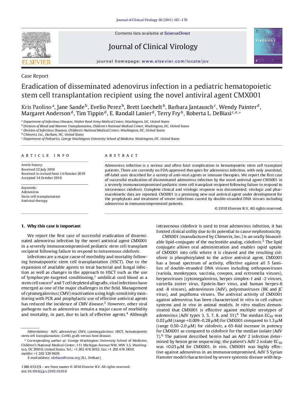 Eradication of disseminated adenovirus infection in a pediatric hematopoietic stem cell transplantation recipient using the novel antiviral agent CMX001