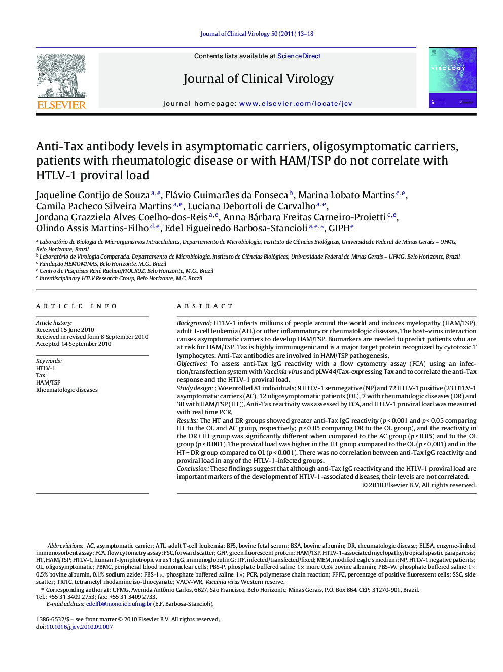 Anti-Tax antibody levels in asymptomatic carriers, oligosymptomatic carriers, patients with rheumatologic disease or with HAM/TSP do not correlate with HTLV-1 proviral load