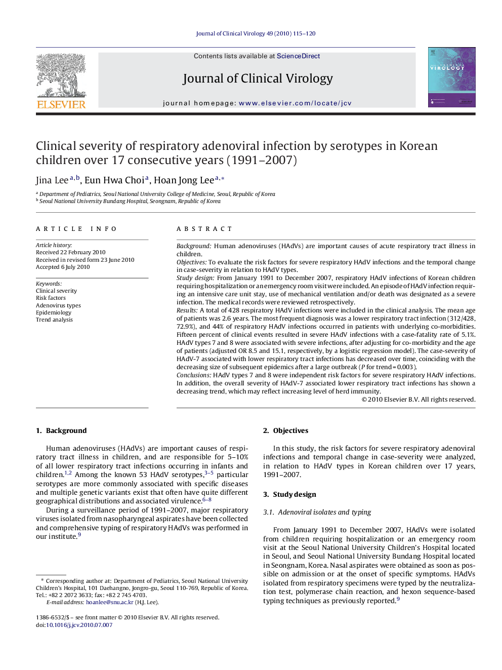 Clinical severity of respiratory adenoviral infection by serotypes in Korean children over 17 consecutive years (1991–2007)