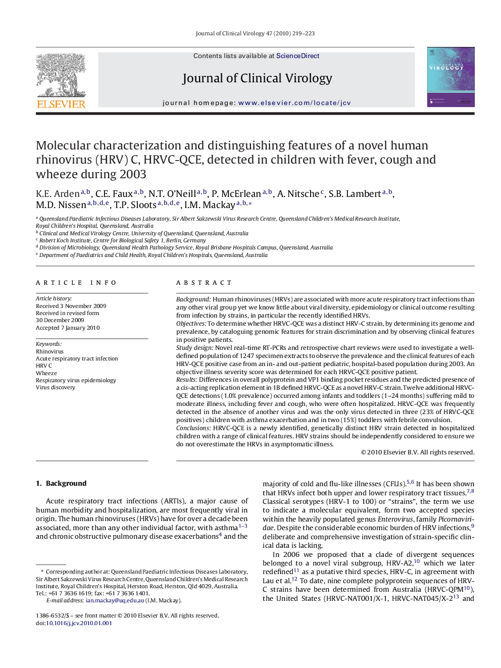 Molecular characterization and distinguishing features of a novel human rhinovirus (HRV) C, HRVC-QCE, detected in children with fever, cough and wheeze during 2003