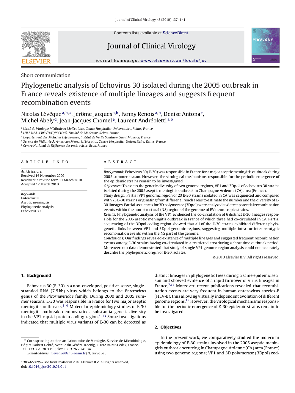 Phylogenetic analysis of Echovirus 30 isolated during the 2005 outbreak in France reveals existence of multiple lineages and suggests frequent recombination events