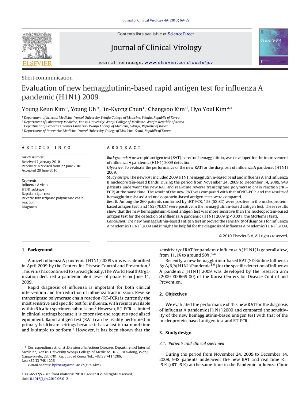 Evaluation of new hemagglutinin-based rapid antigen test for influenza A pandemic (H1N1) 2009