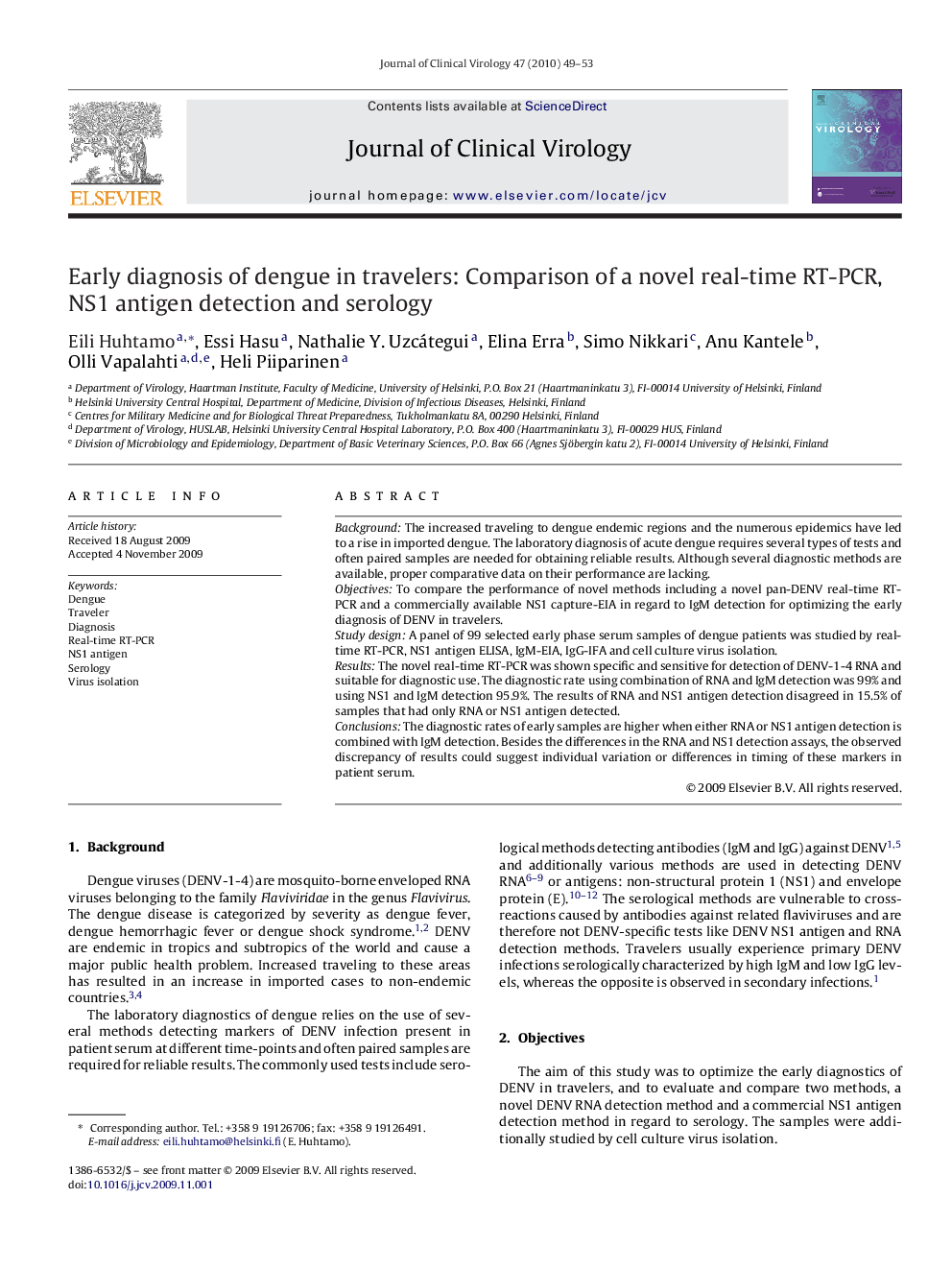 Early diagnosis of dengue in travelers: Comparison of a novel real-time RT-PCR, NS1 antigen detection and serology