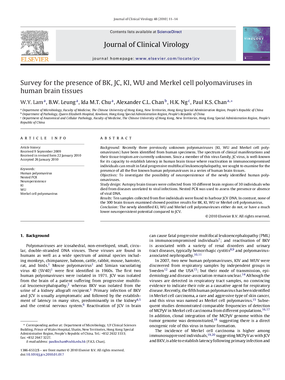 Survey for the presence of BK, JC, KI, WU and Merkel cell polyomaviruses in human brain tissues