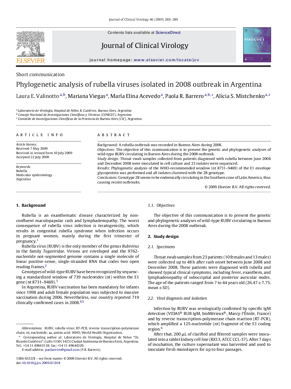 Phylogenetic analysis of rubella viruses isolated in 2008 outbreak in Argentina