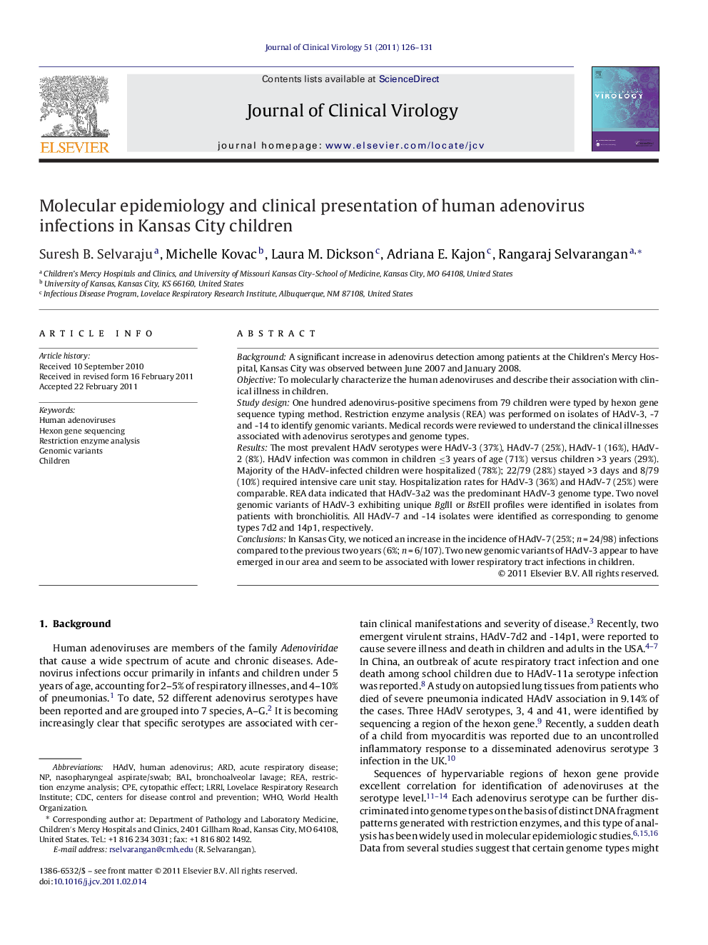 Molecular epidemiology and clinical presentation of human adenovirus infections in Kansas City children