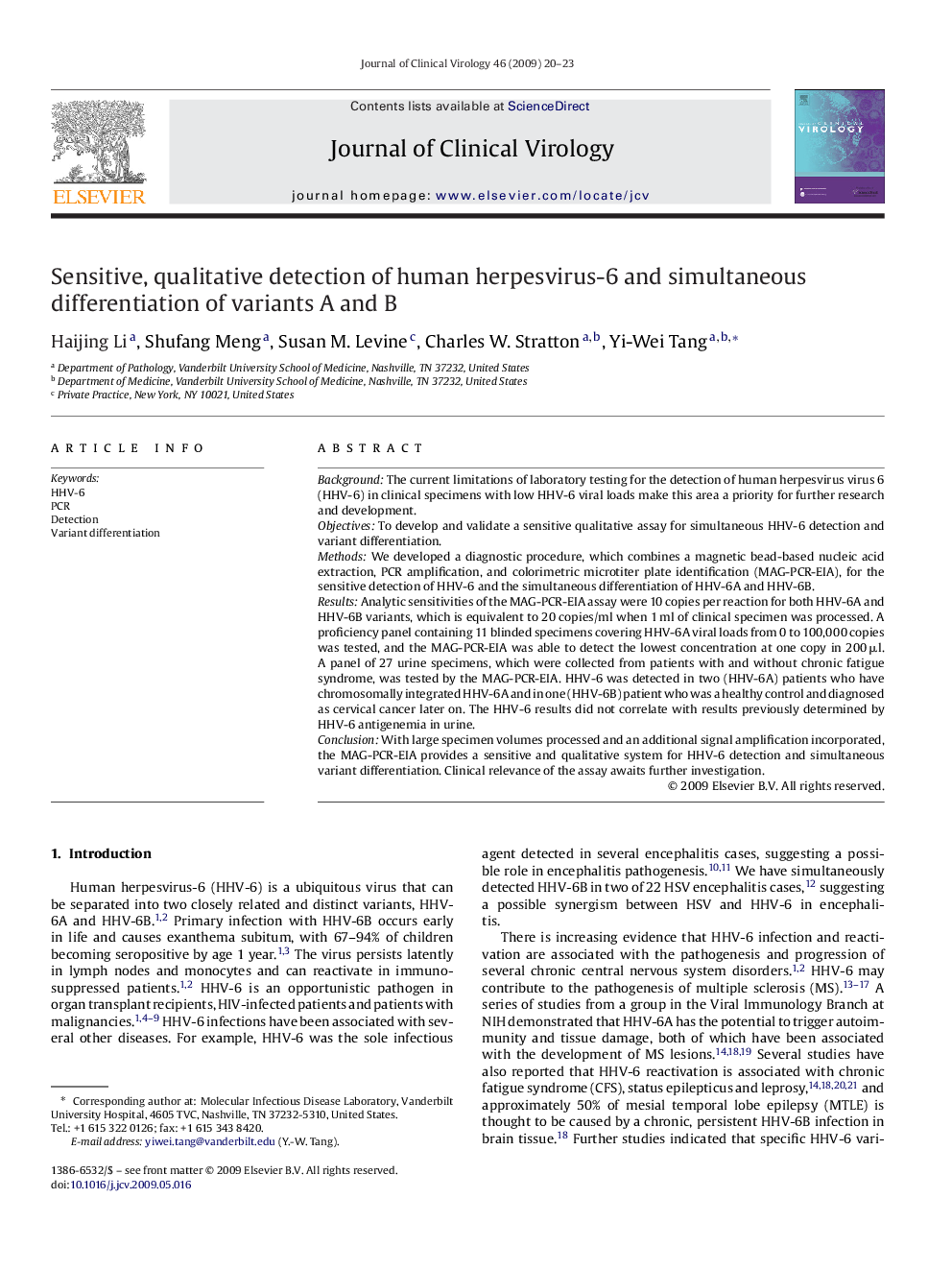 Sensitive, qualitative detection of human herpesvirus-6 and simultaneous differentiation of variants A and B