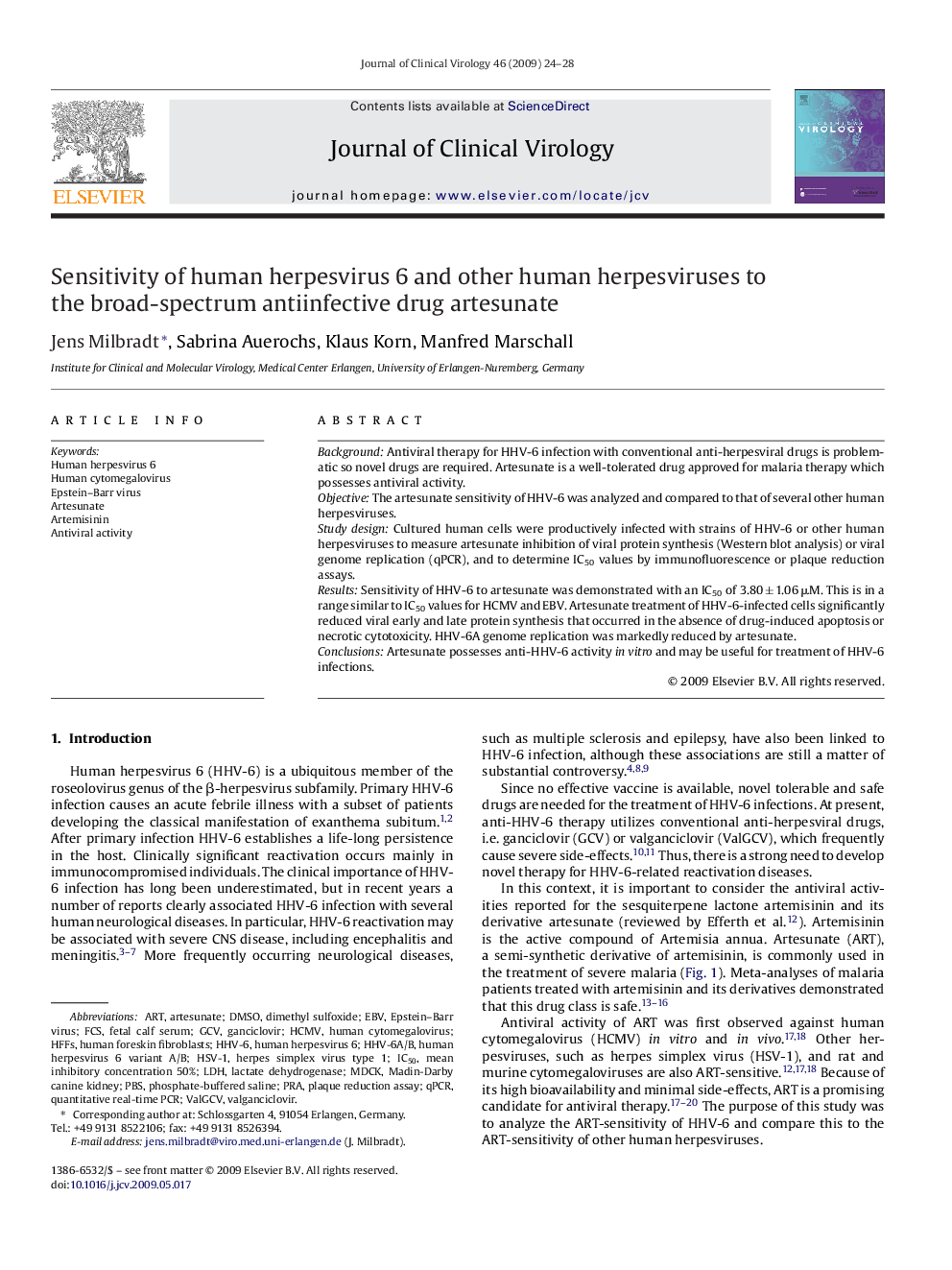 Sensitivity of human herpesvirus 6 and other human herpesviruses to the broad-spectrum antiinfective drug artesunate