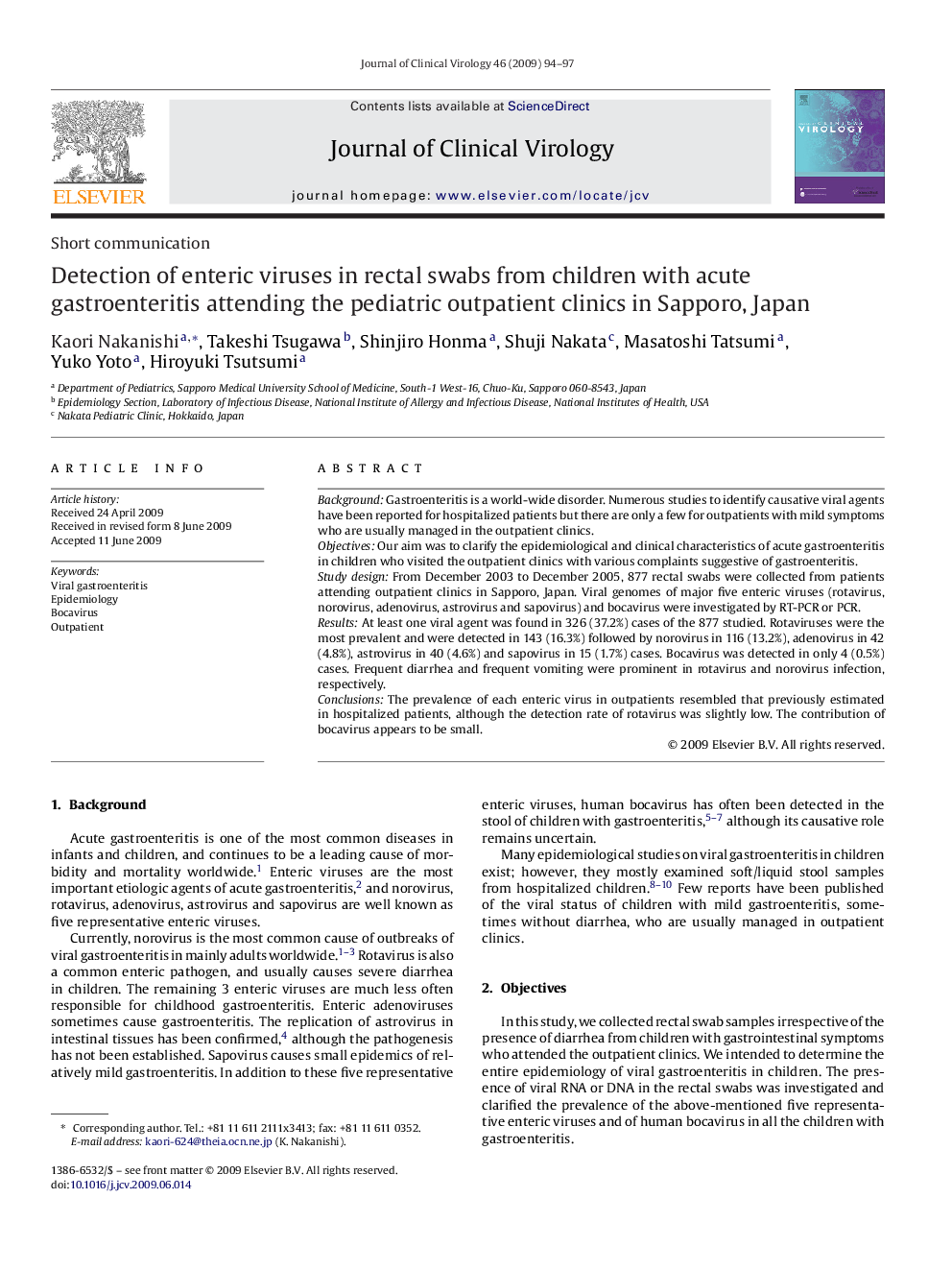 Detection of enteric viruses in rectal swabs from children with acute gastroenteritis attending the pediatric outpatient clinics in Sapporo, Japan