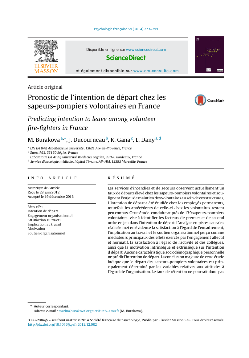 Pronostic de l’intention de départ chez les sapeurs-pompiers volontaires en France