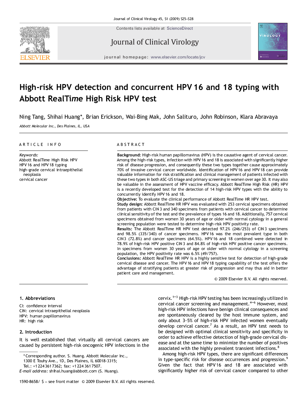 High-risk HPV detection and concurrent HPV 16 and 18 typing with Abbott RealTime High Risk HPV test