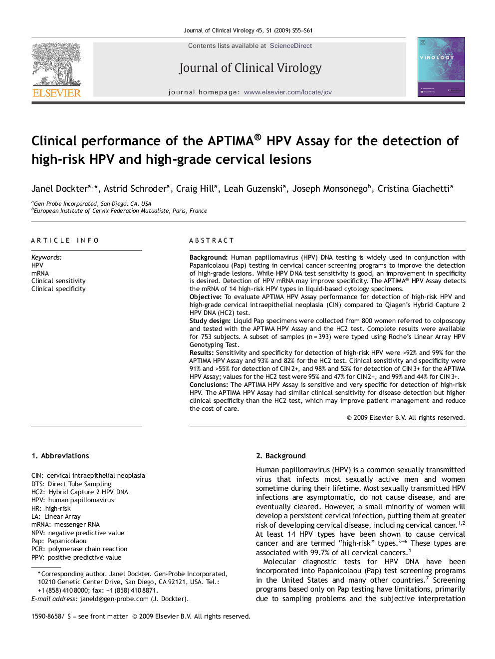 Clinical performance of the APTIMA® HPV Assay for the detection of high-risk HPV and high-grade cervical lesions