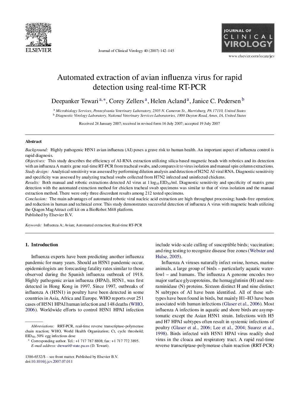 Automated extraction of avian influenza virus for rapid detection using real-time RT-PCR