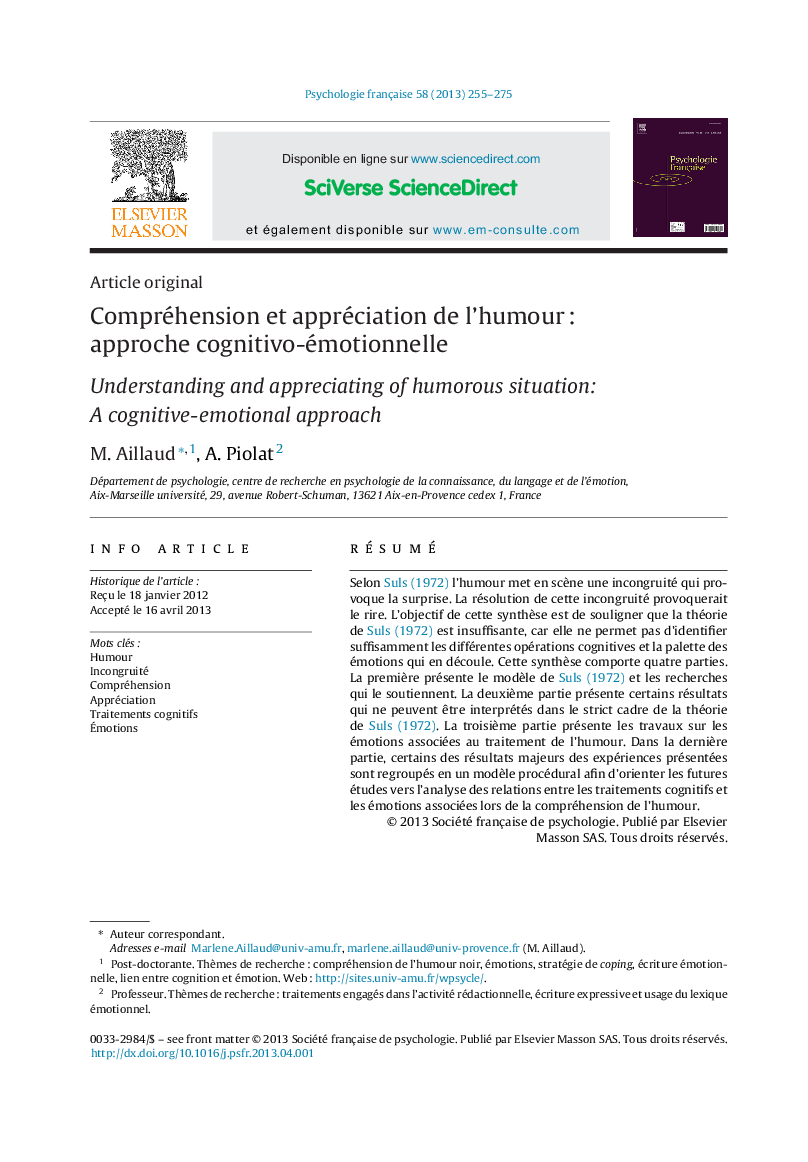 Compréhension et appréciation de l’humour : approche cognitivo-émotionnelle