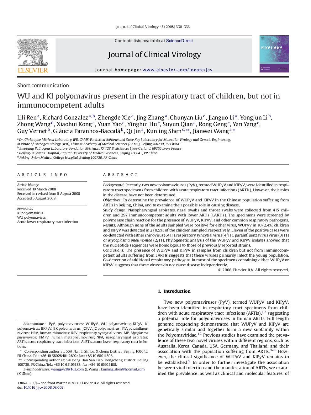 WU and KI polyomavirus present in the respiratory tract of children, but not in immunocompetent adults