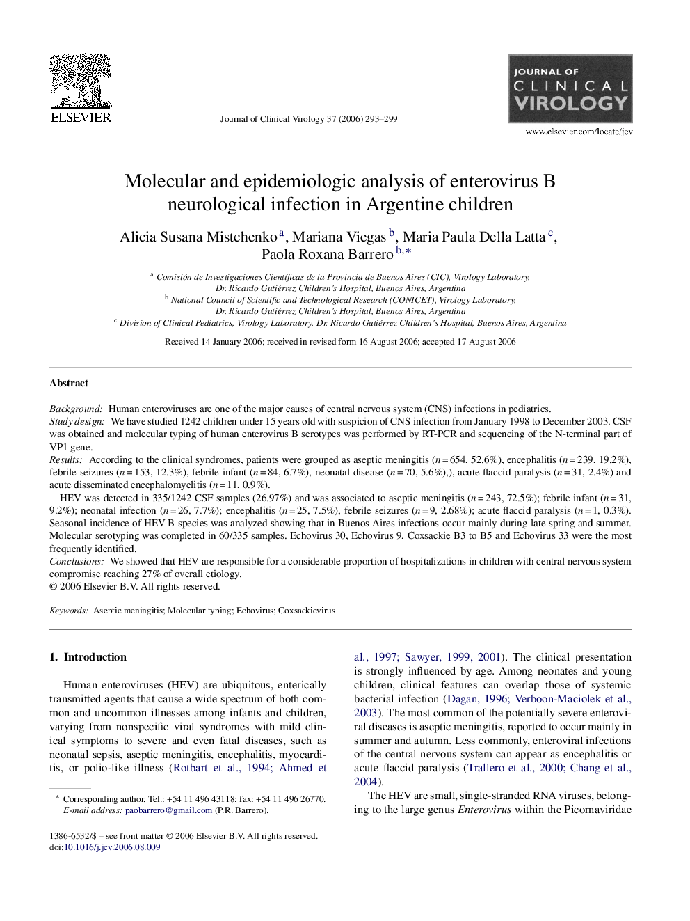 Molecular and epidemiologic analysis of enterovirus B neurological infection in Argentine children