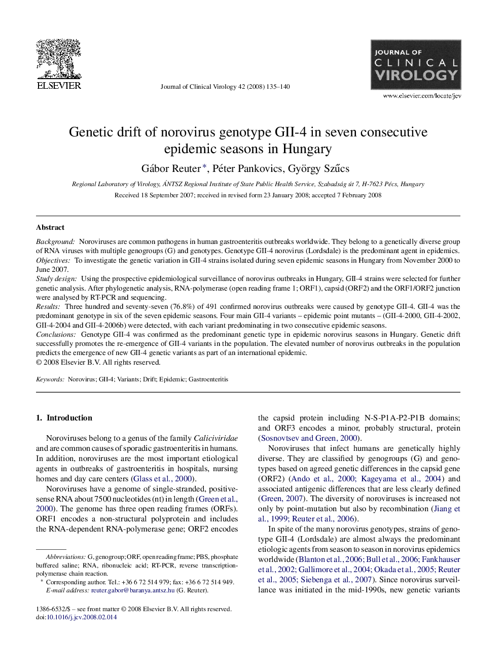 Genetic drift of norovirus genotype GII-4 in seven consecutive epidemic seasons in Hungary