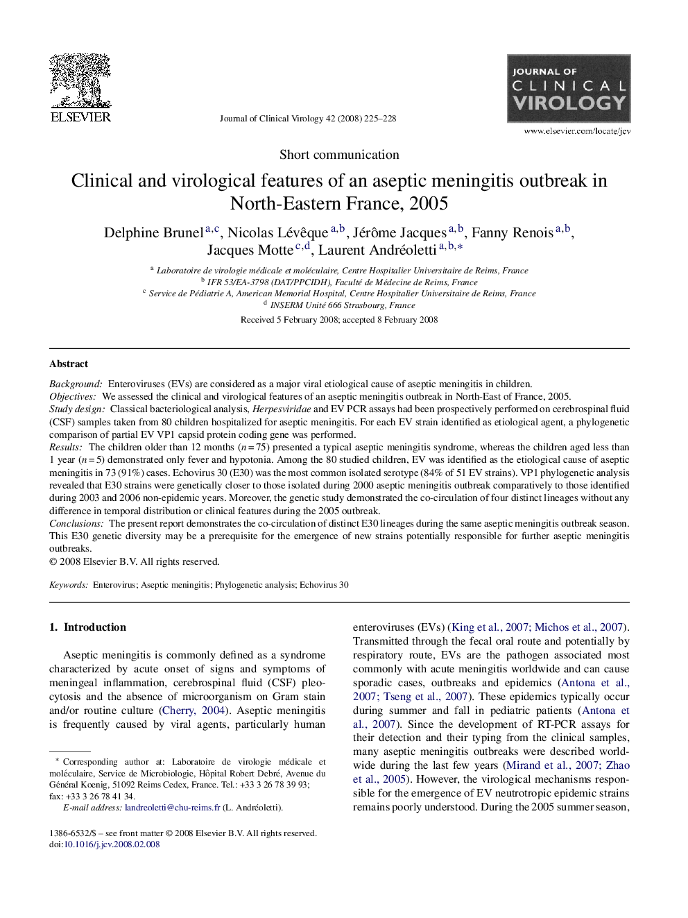 Clinical and virological features of an aseptic meningitis outbreak in North-Eastern France, 2005