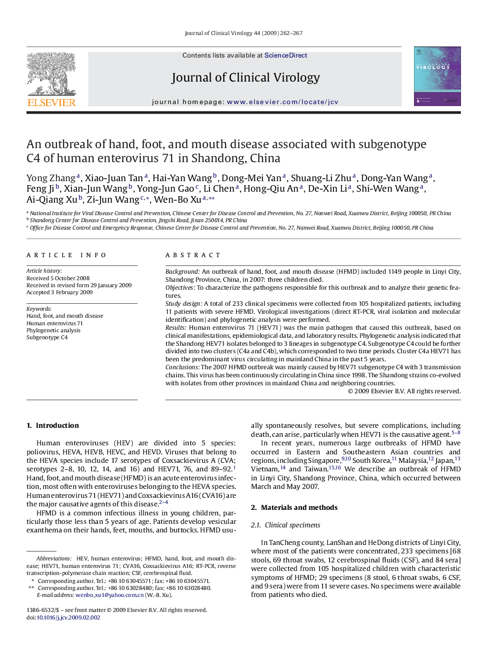 An outbreak of hand, foot, and mouth disease associated with subgenotype C4 of human enterovirus 71 in Shandong, China