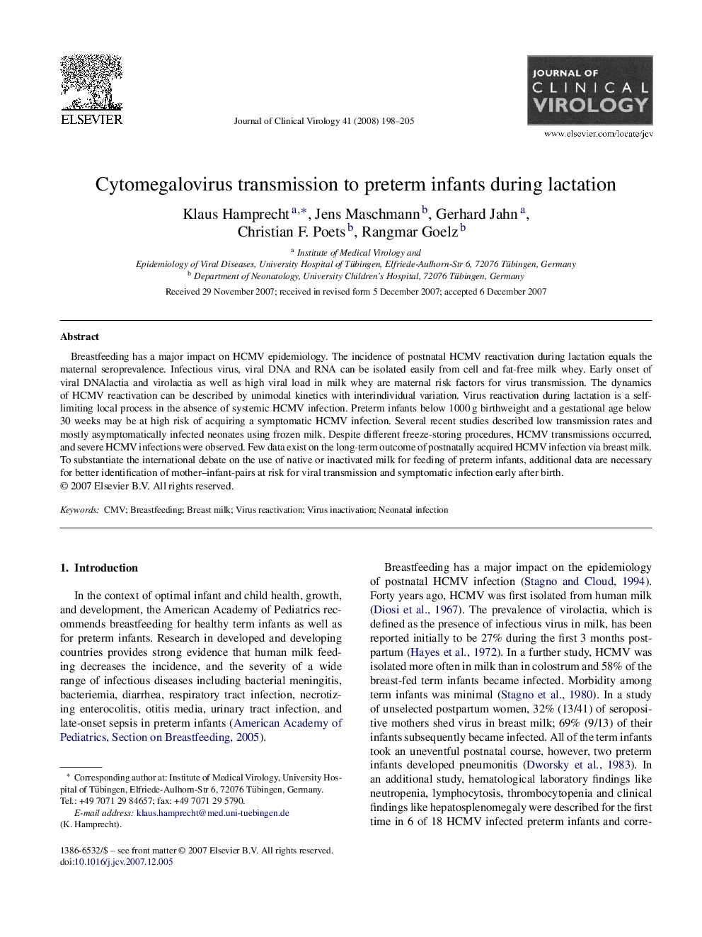 Cytomegalovirus transmission to preterm infants during lactation