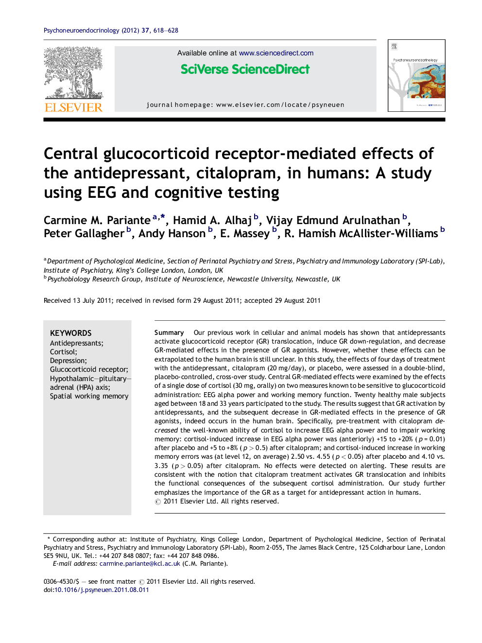 Central glucocorticoid receptor-mediated effects of the antidepressant, citalopram, in humans: A study using EEG and cognitive testing