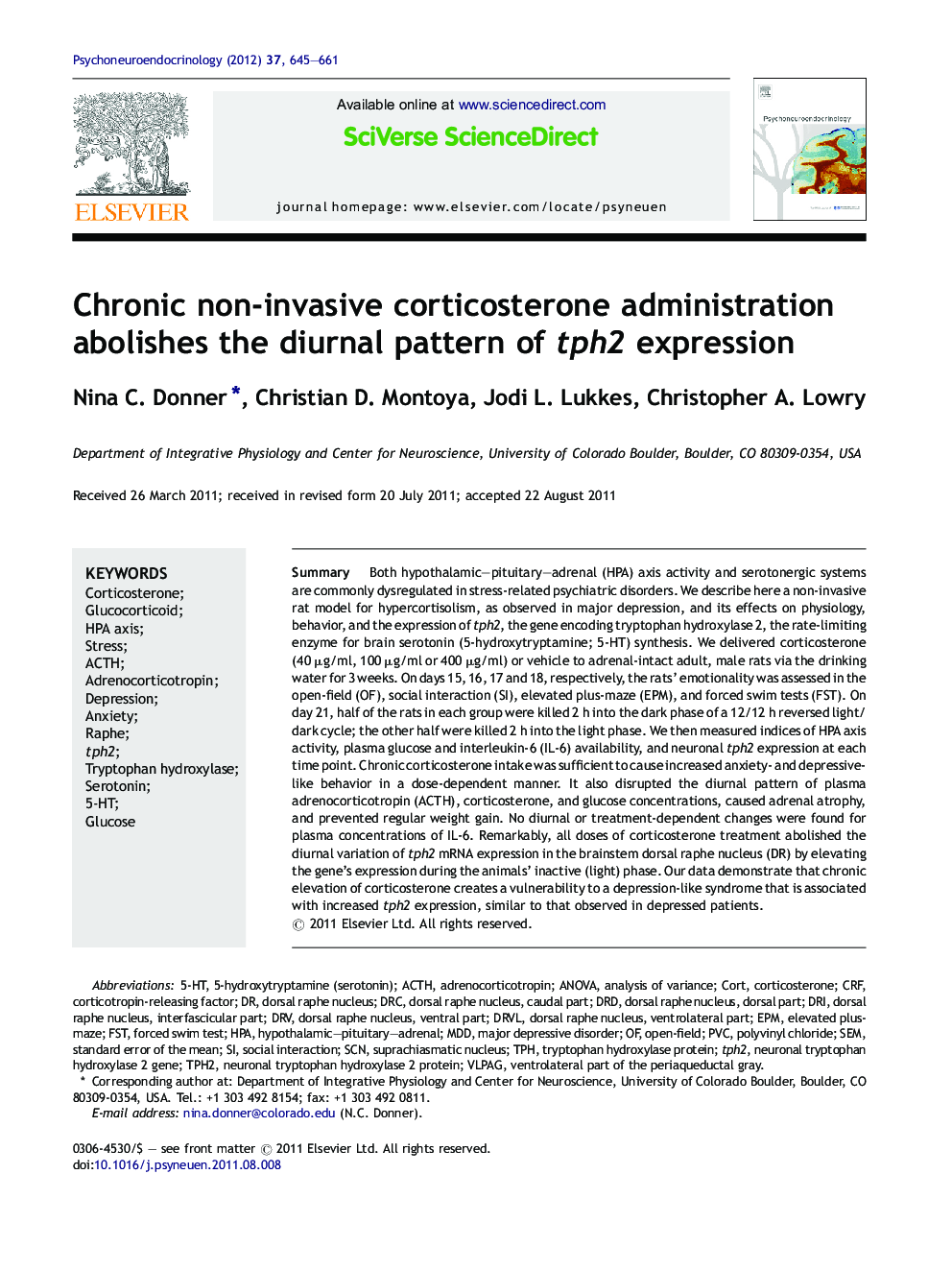 Chronic non-invasive corticosterone administration abolishes the diurnal pattern of tph2 expression