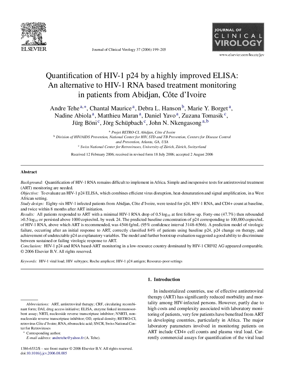 Quantification of HIV-1 p24 by a highly improved ELISA: An alternative to HIV-1 RNA based treatment monitoring in patients from Abidjan, Côte d’Ivoire