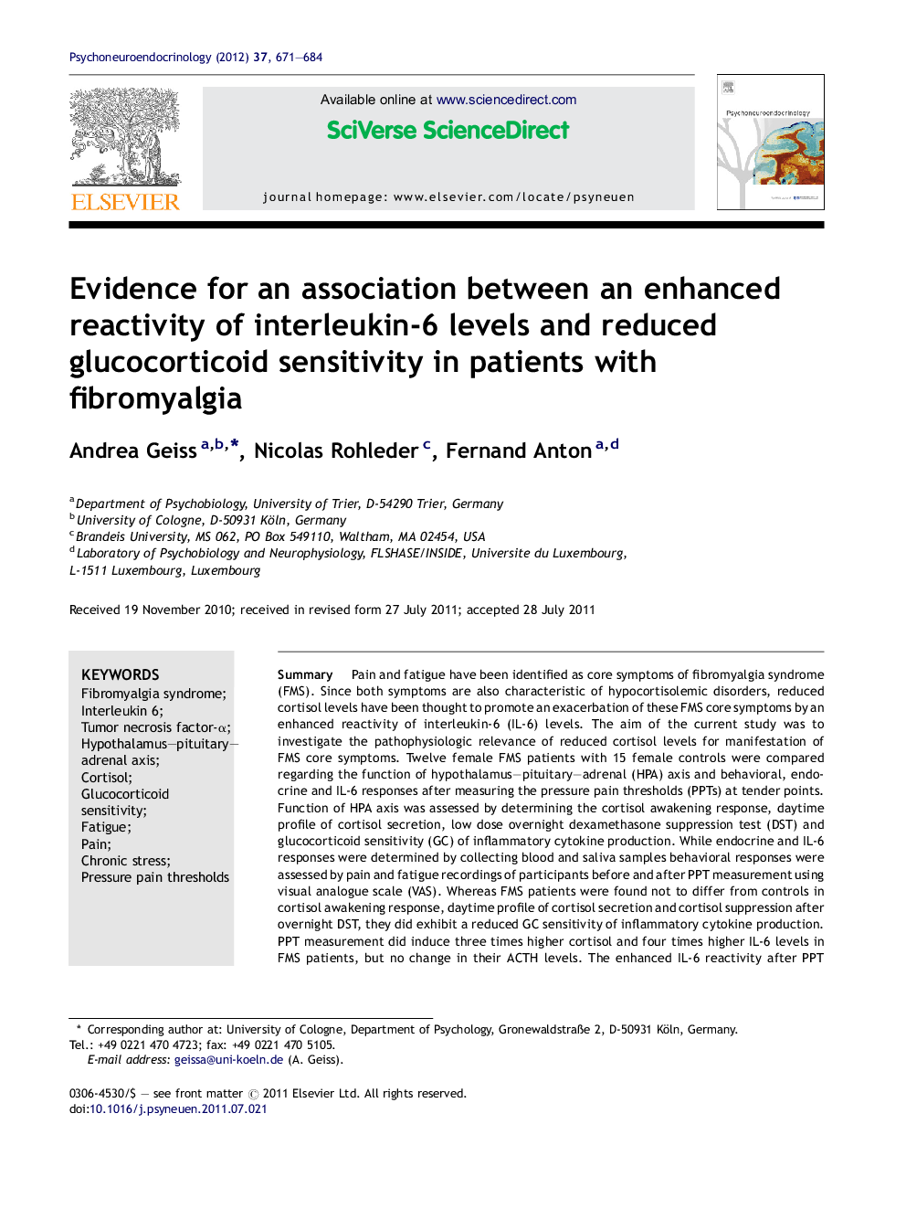 Evidence for an association between an enhanced reactivity of interleukin-6 levels and reduced glucocorticoid sensitivity in patients with fibromyalgia