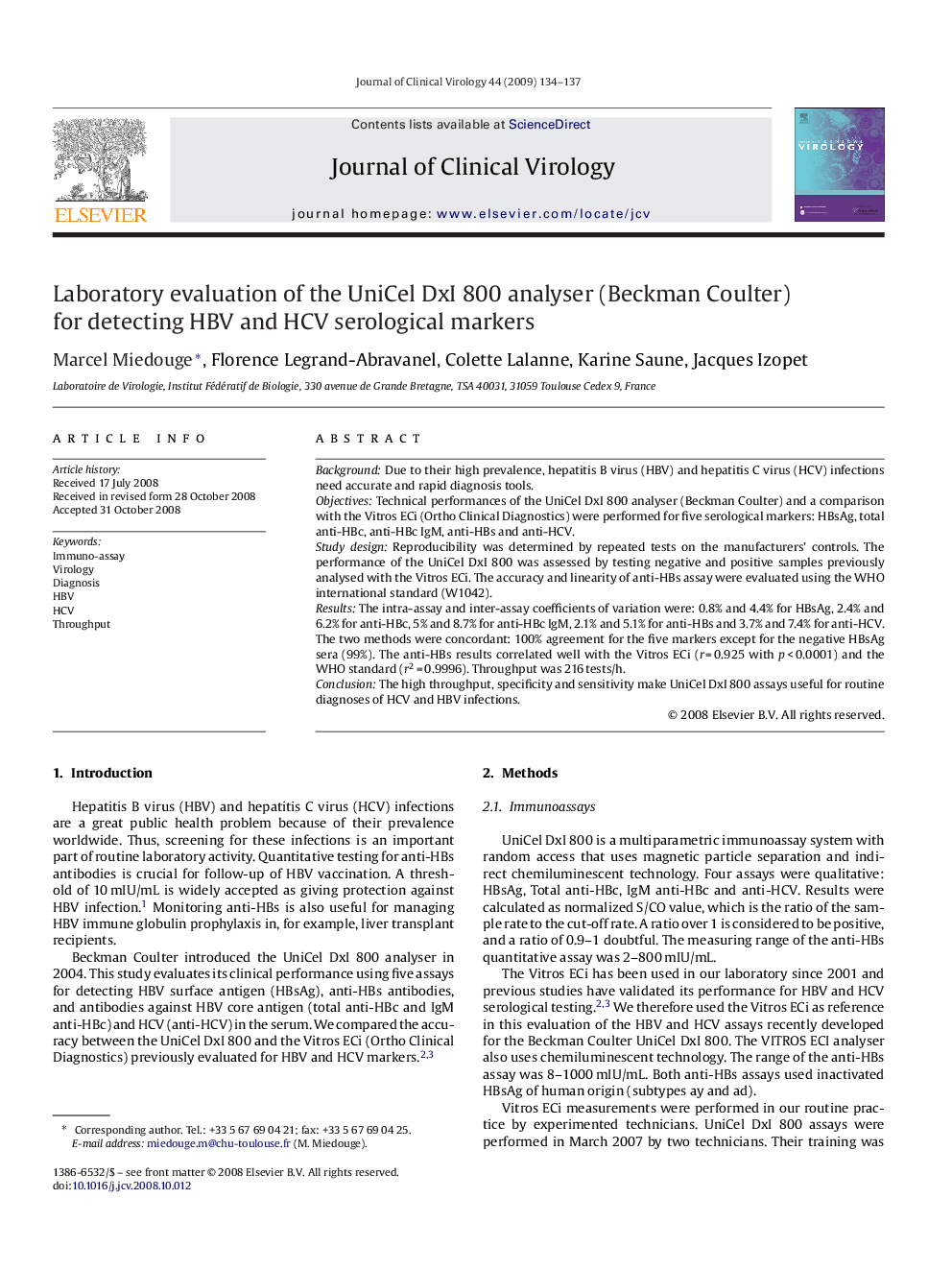 Laboratory evaluation of the UniCel DxI 800 analyser (Beckman Coulter) for detecting HBV and HCV serological markers