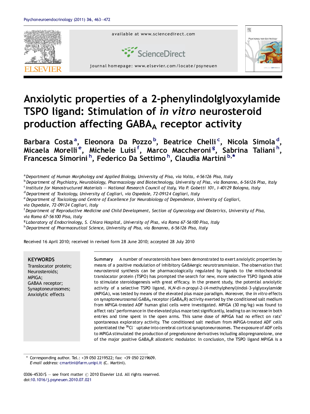 Anxiolytic properties of a 2-phenylindolglyoxylamide TSPO ligand: Stimulation of in vitro neurosteroid production affecting GABAA receptor activity