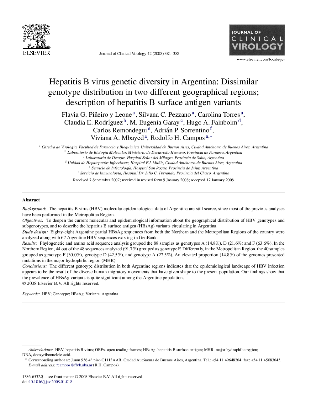 Hepatitis B virus genetic diversity in Argentina: Dissimilar genotype distribution in two different geographical regions; description of hepatitis B surface antigen variants