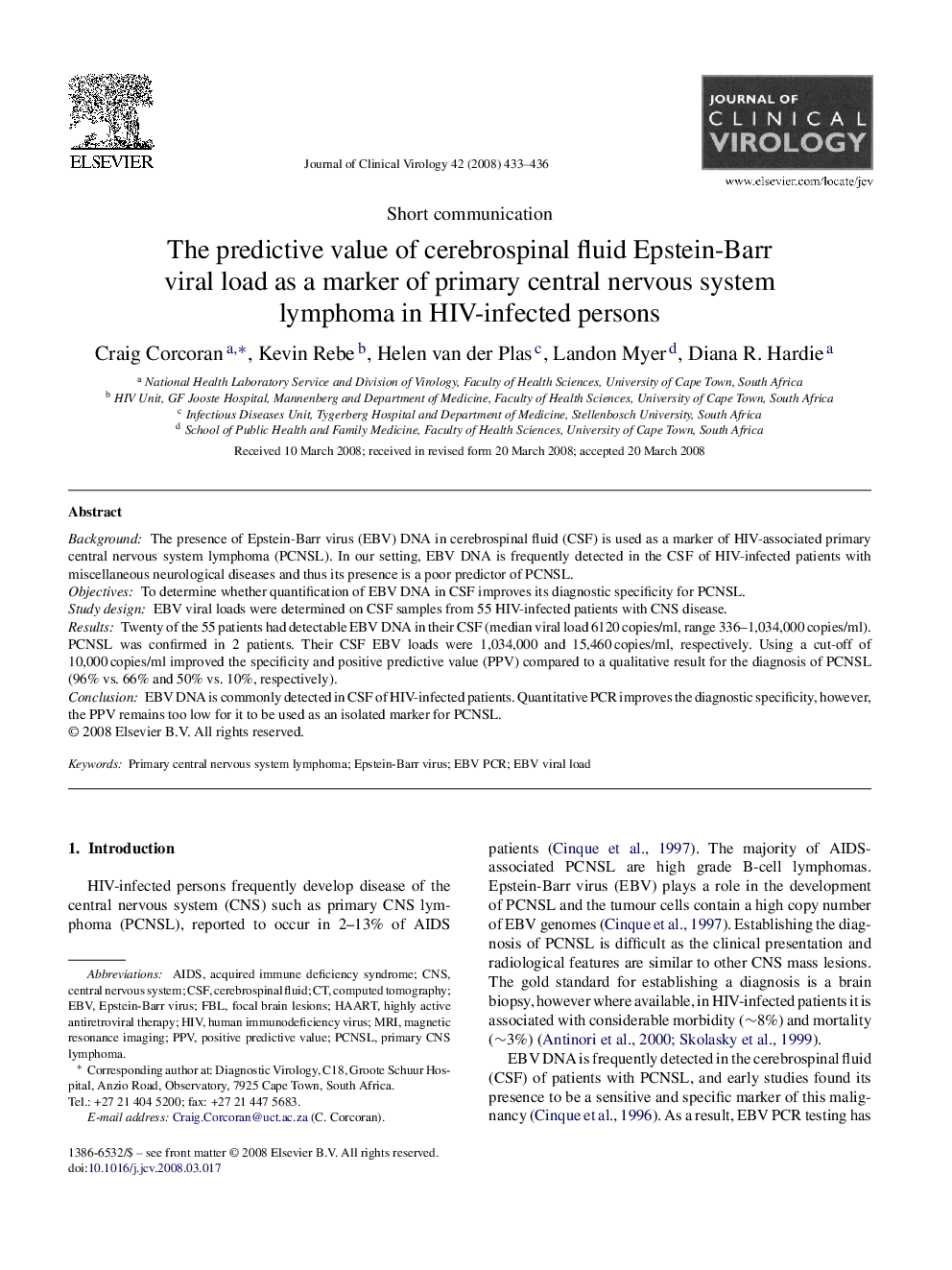 The predictive value of cerebrospinal fluid Epstein-Barr viral load as a marker of primary central nervous system lymphoma in HIV-infected persons